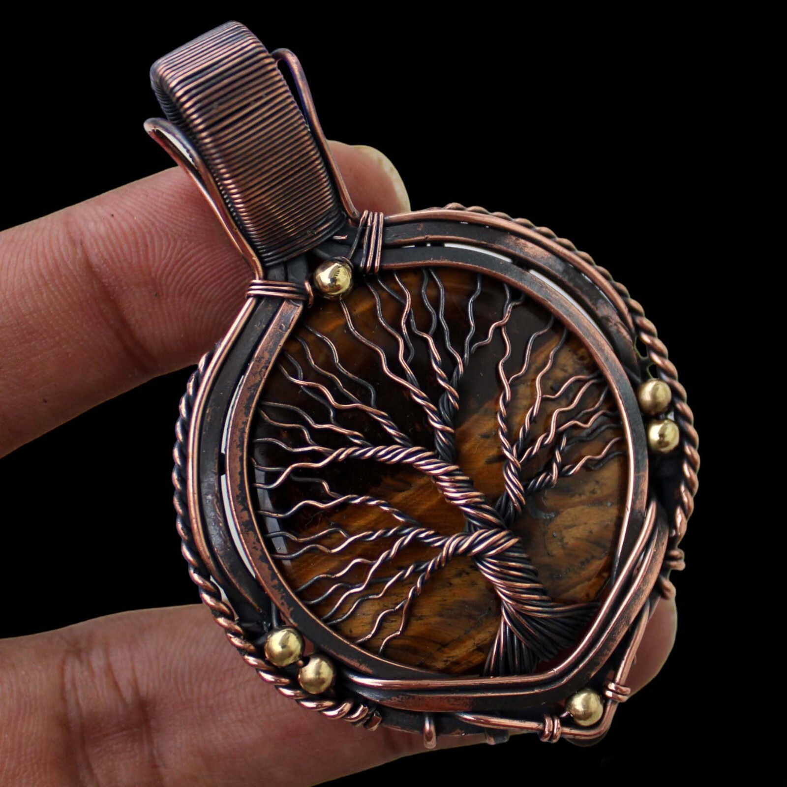 Tree Of Life Tigers Eye Pendant Copper Wire Wrapped Handmade Pendant With Chain