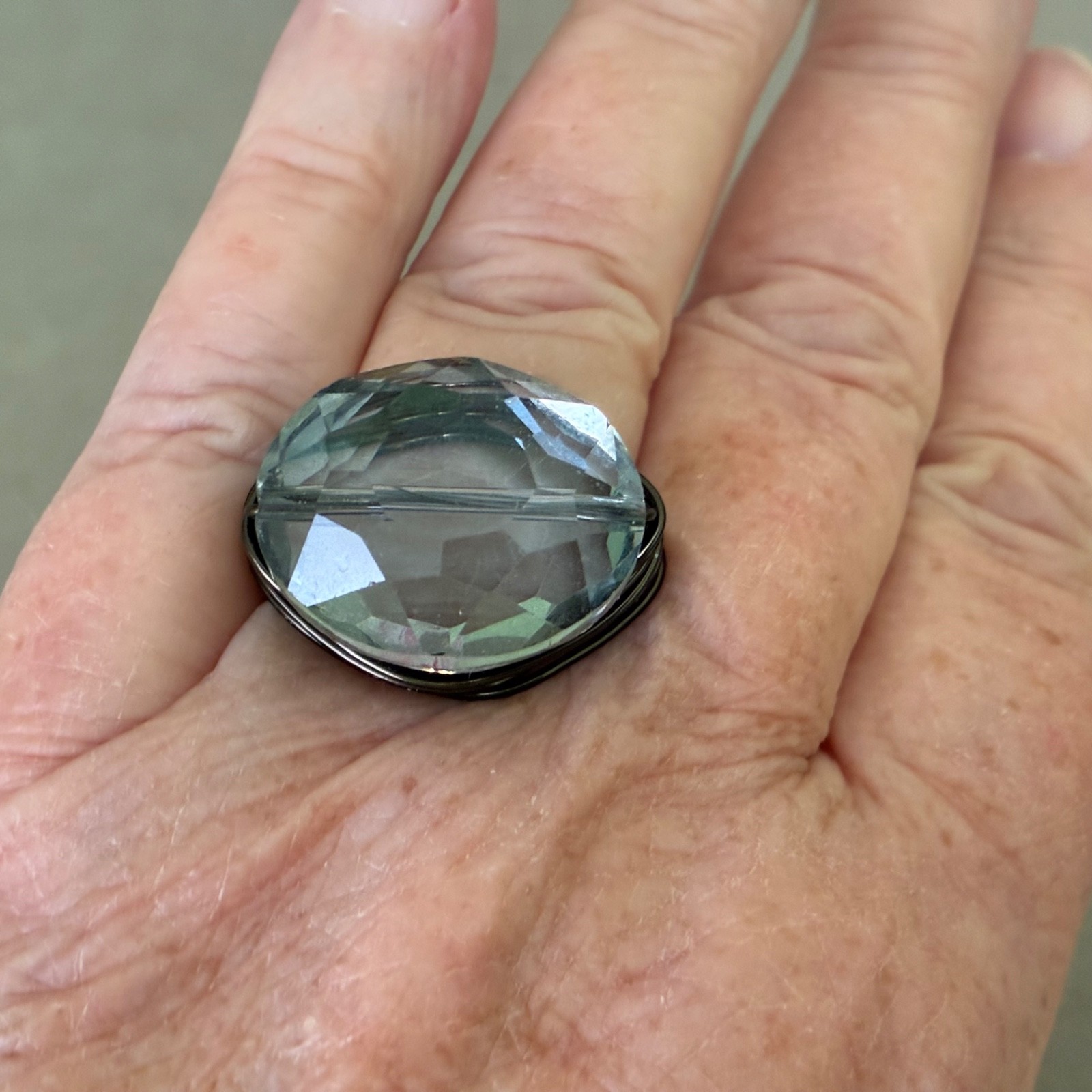 Artisan Smoky Grey Oval Faceted Glass Bead & Wrapped Bronze Wire Ring ~ Size 7-8