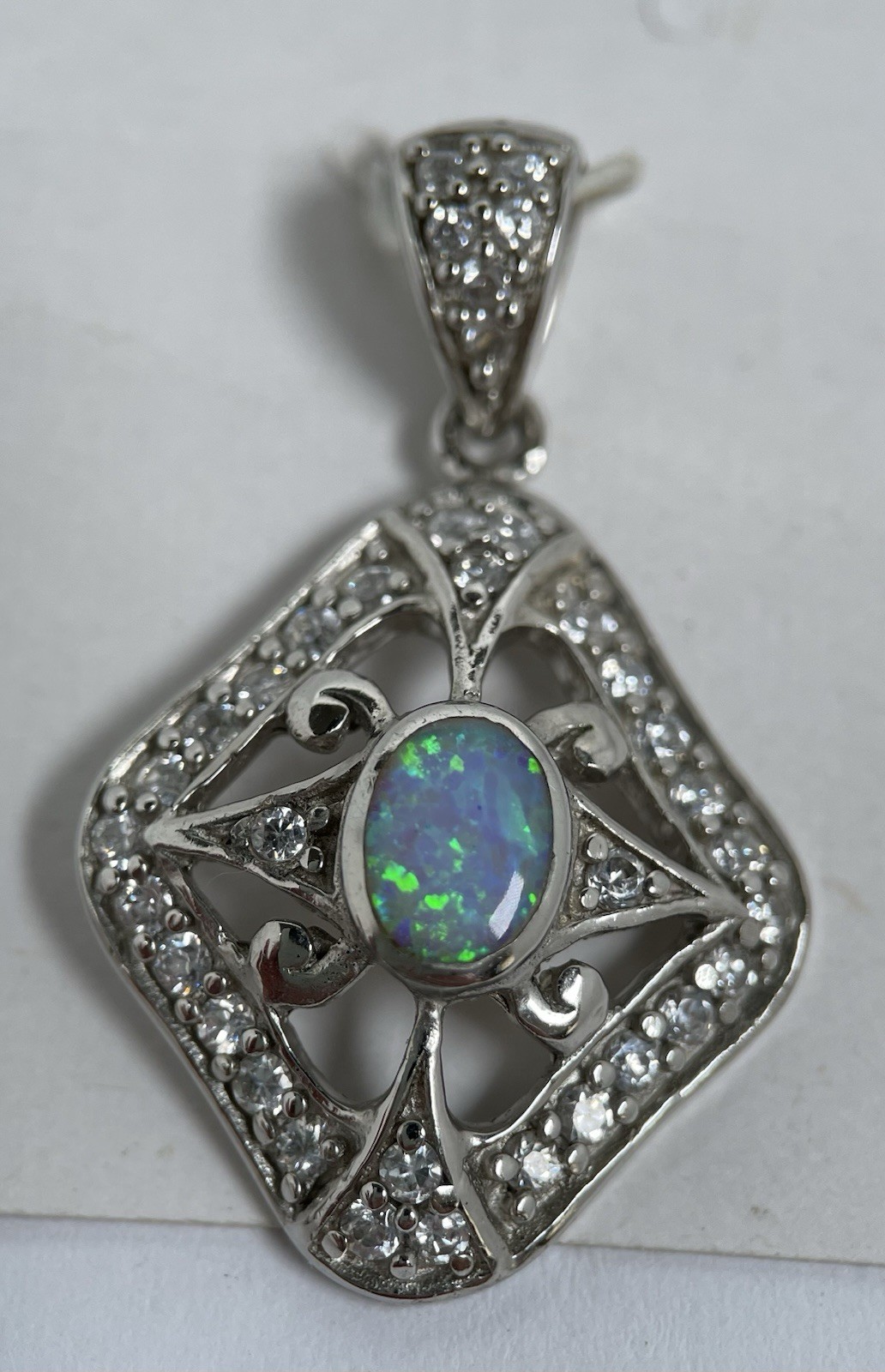 Sterling Silver 925 Opal Earrings Pendant Set CZ Halo Filigree Blue Green Fire