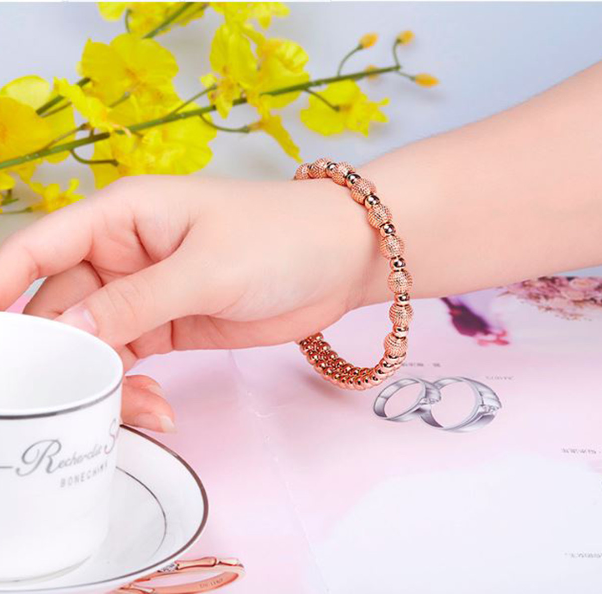 Cuff Bangle Gold Plated Beads Charm Adjustable Bracelet for Women 6.5″