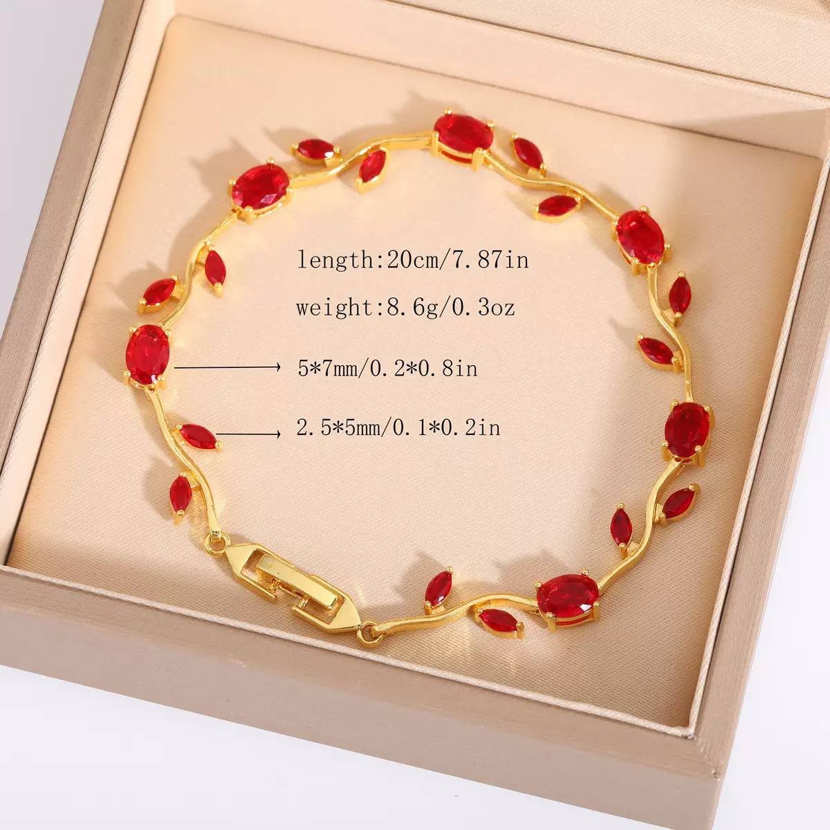 Gold Red Crystal Leaf Vine Bracelet Copper 20cm Fashion Jewelry
