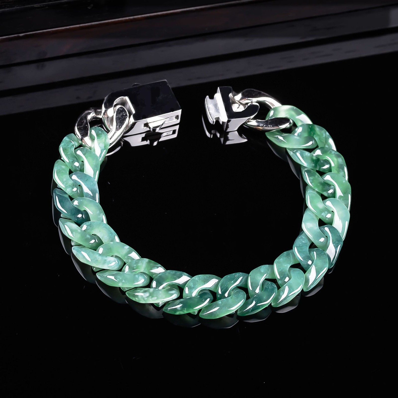 Natural Grade A Jadeite Cuban Link Bracelet Ice Varieties Jade Hip Hop Street