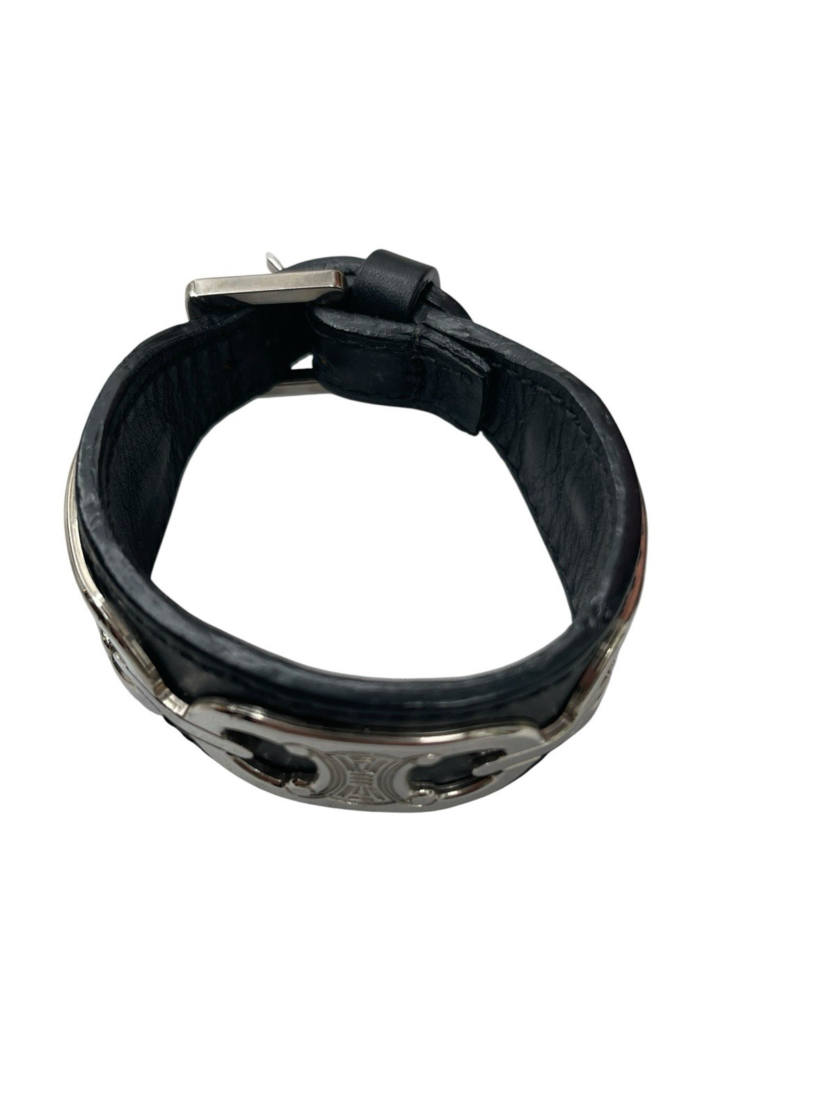 Celine Triomphe Bracelet Black Leather Cuff Silver Hardware