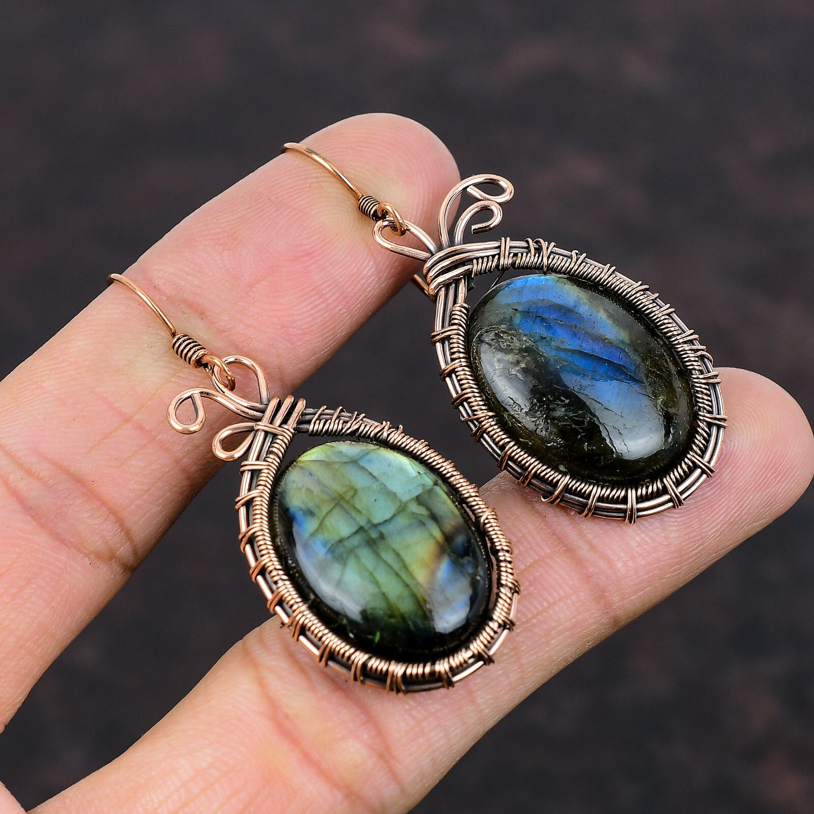 Labradorite Jewelry Copper Gift For Bridesmaid Wire Wrapped Earrings 2.2″