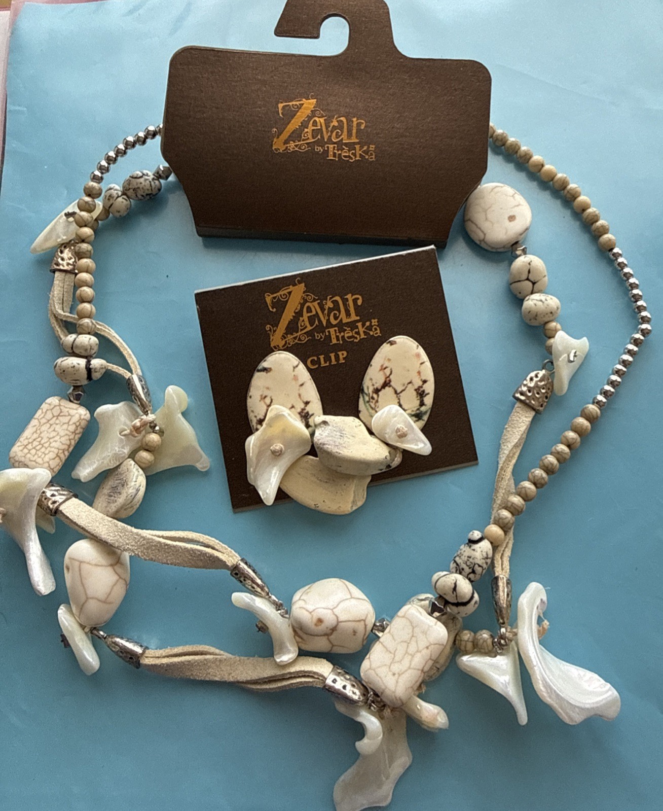 Zevar By Treska Gold Tone Mop Necklace & Matching Clip On Earrings