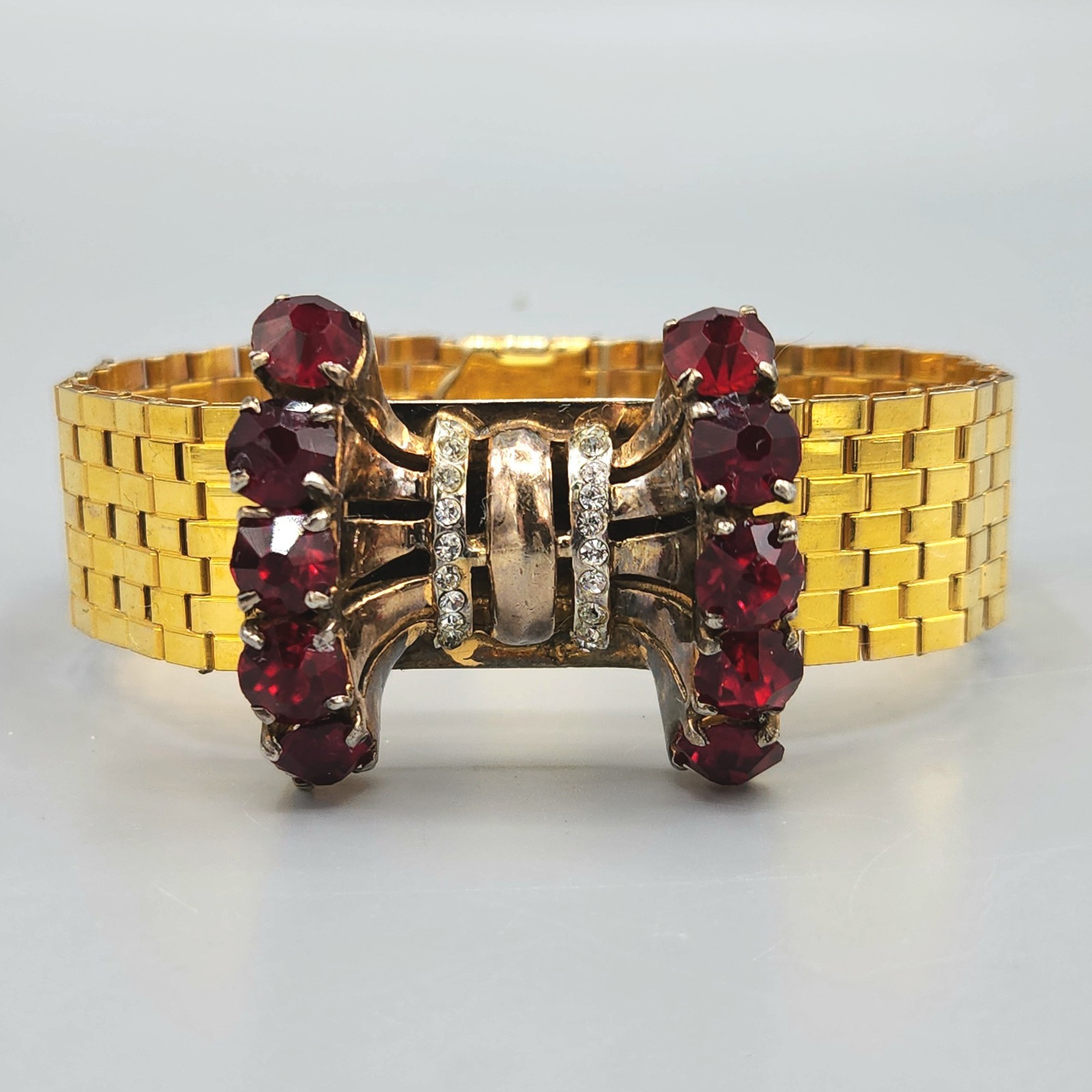 Unsigned Reinad Retro 12K GF Red Paste Crystal Brick Link Cuff Bracelet 6.5″