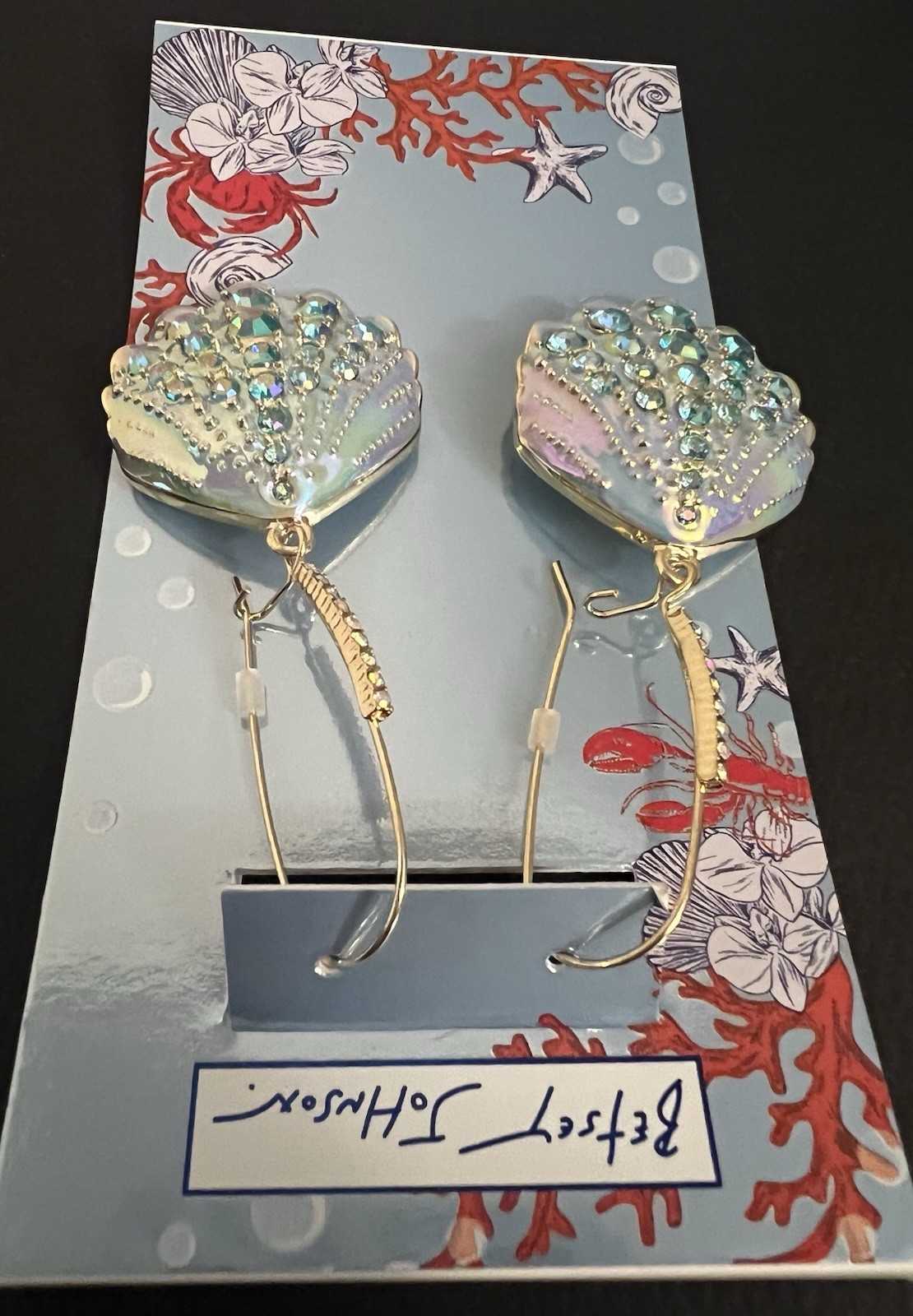 Betsey Johnson Earrings Iridescent Seashell Mermaid Drop NWT Crystal Dangle