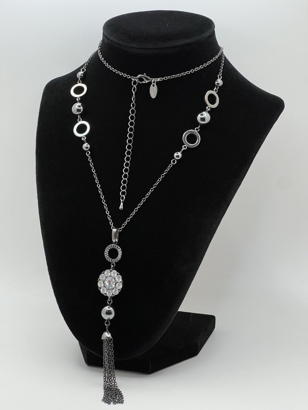 Lia Sophia 27 Inch Long Gunmetal Tone Necklace, Hematite Tone Beads & CZ EUC