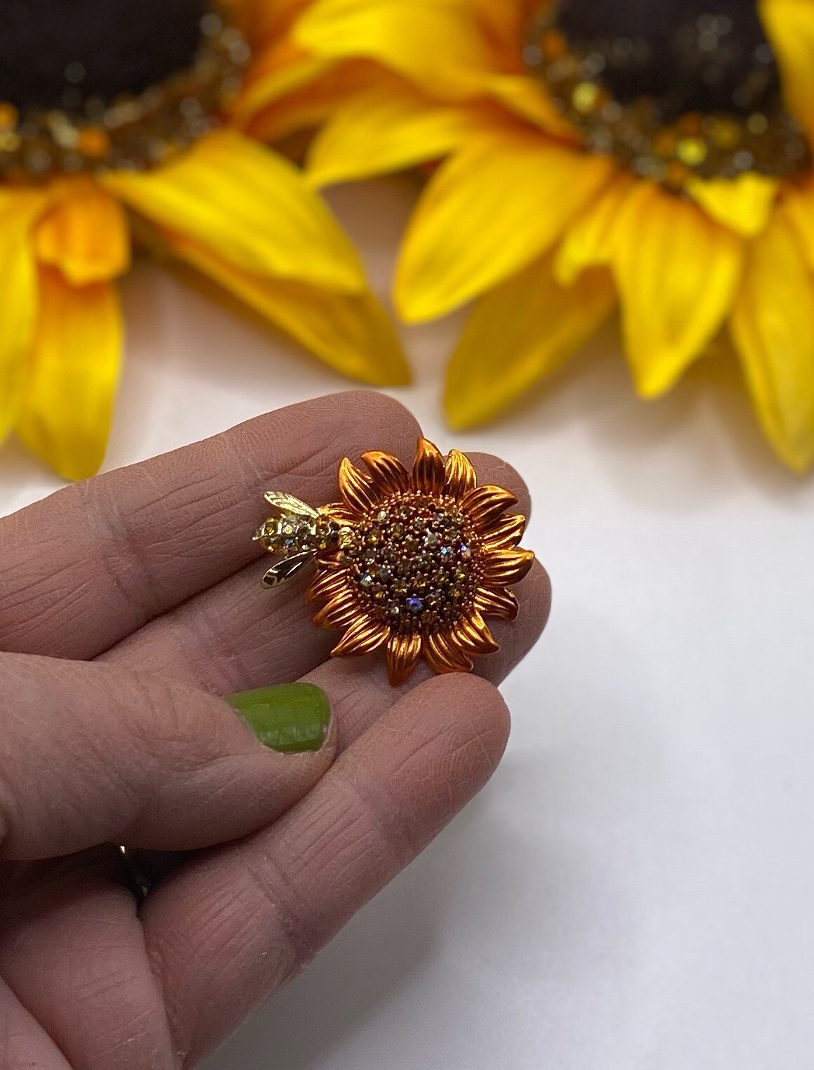 Sunflower Brooch, Orange Flower & Cute Bee Multicolored Crystals Costume Jewelry