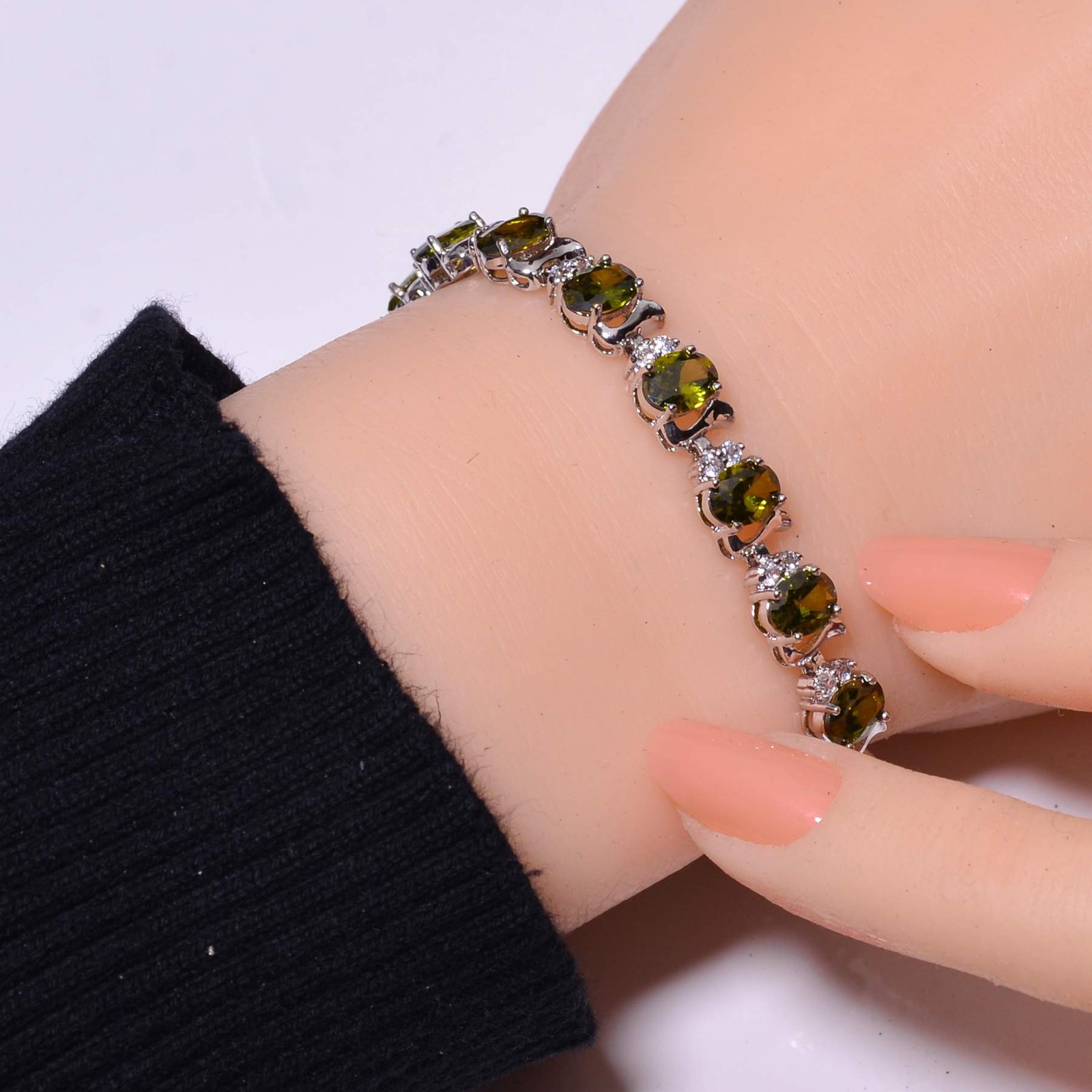 Peridot & CZ 925 Sterling Silver Tennis Bracelet 7.99″ B40, Christmas Gift