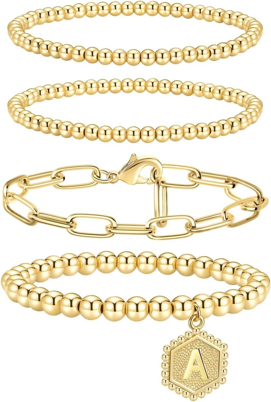14K Gold Plated Initial Charm Beaded Bracelets – Stylish Stackable Jewelry Set