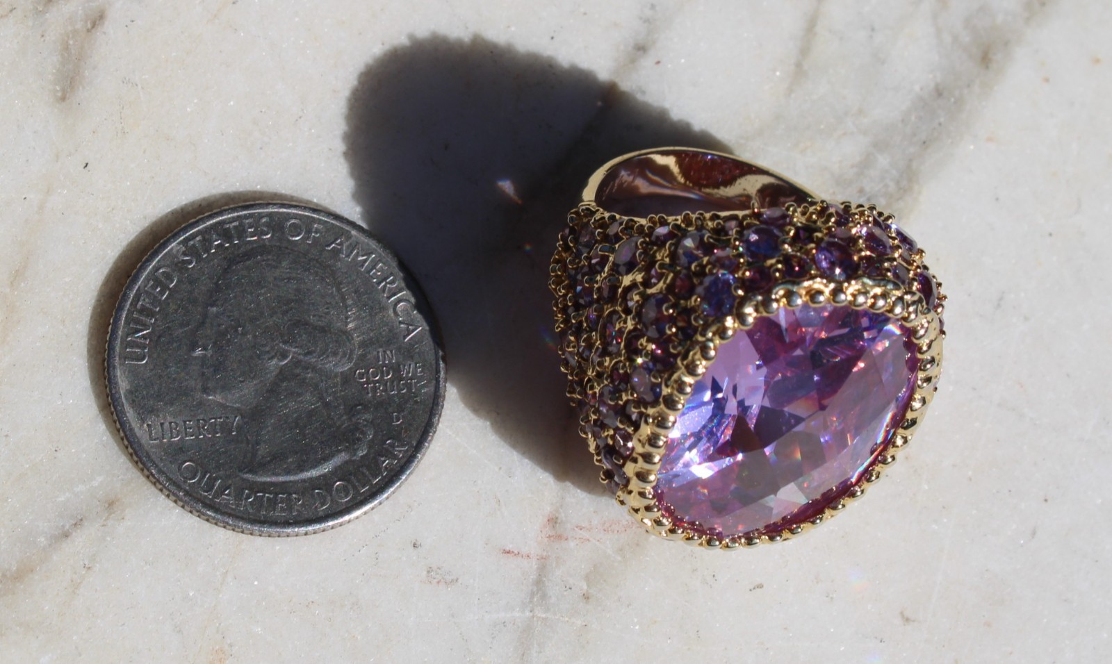 HSN IMAN Global Chic Brilliant Pink & Multi Purple Stones Knock Out Ring Size 7