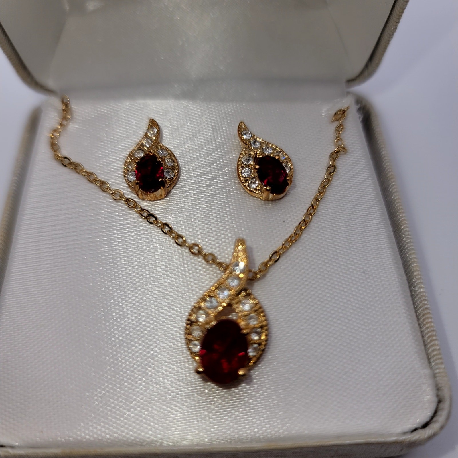Vintage Roman Jewelry Set Simulated Ruby and Diamond Tear Drop Earrings Pendant