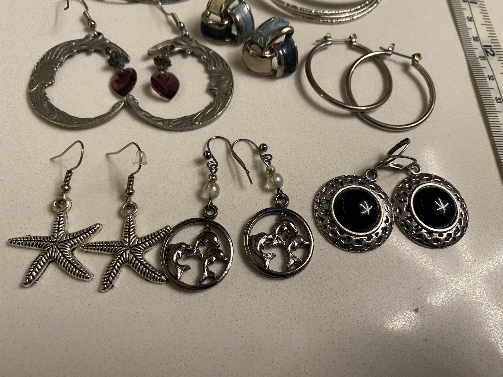Lot of 8 Large Hoop And Dangle Earrings Mixed Pierced Silver Tone Enamel Studs