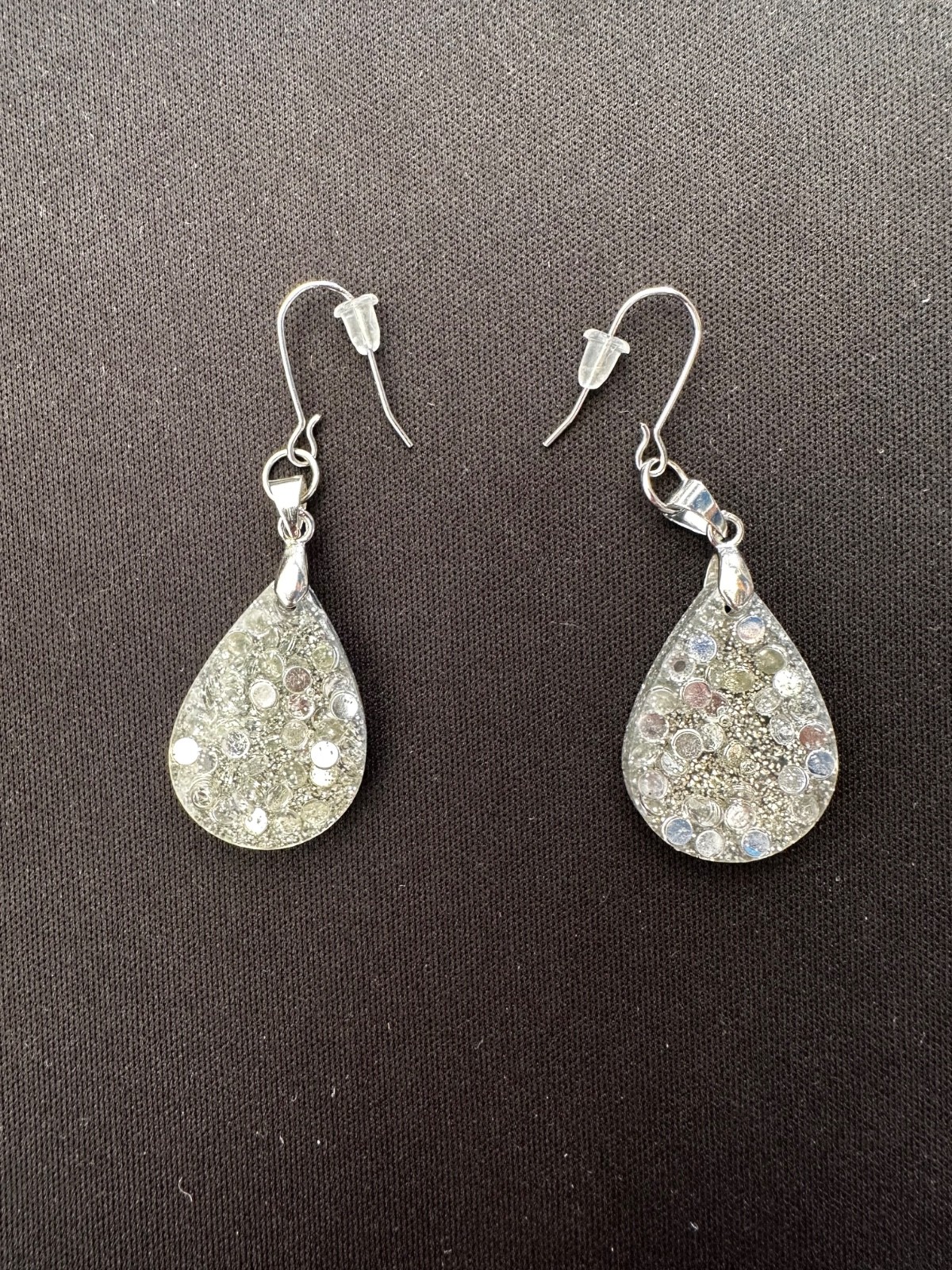 Handmade Resin Teardrop Dangle Earrings Silver Glitter Confetti Lightweight Hook