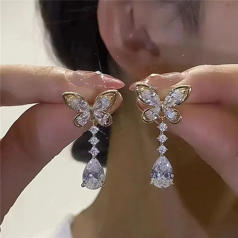 Butterfly Crystal Tassel Drop Earrings Long Dangle Stud Women Jewellery Gift