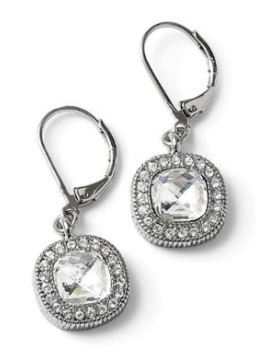 Lia Sophia Bella Donna Square Clear Crystal Center Stone Silver Drop Earrings