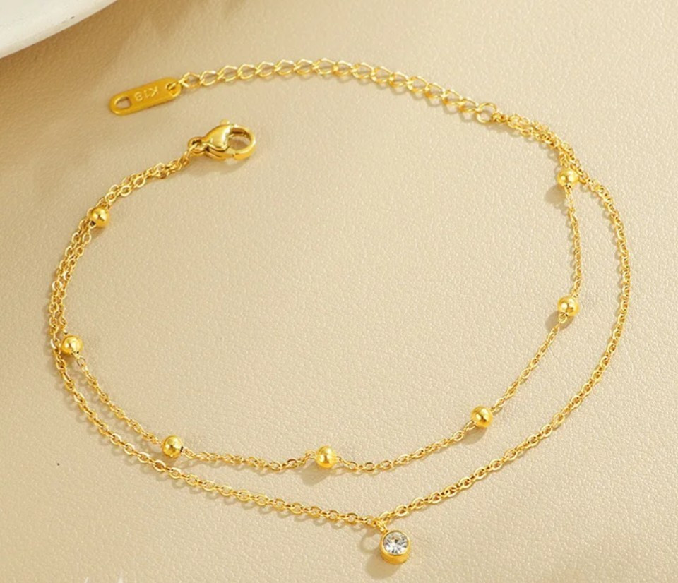 Gold Yellow Gold Plated White CZ Cable Chain Layered Charm Anklet Lobster Adj.