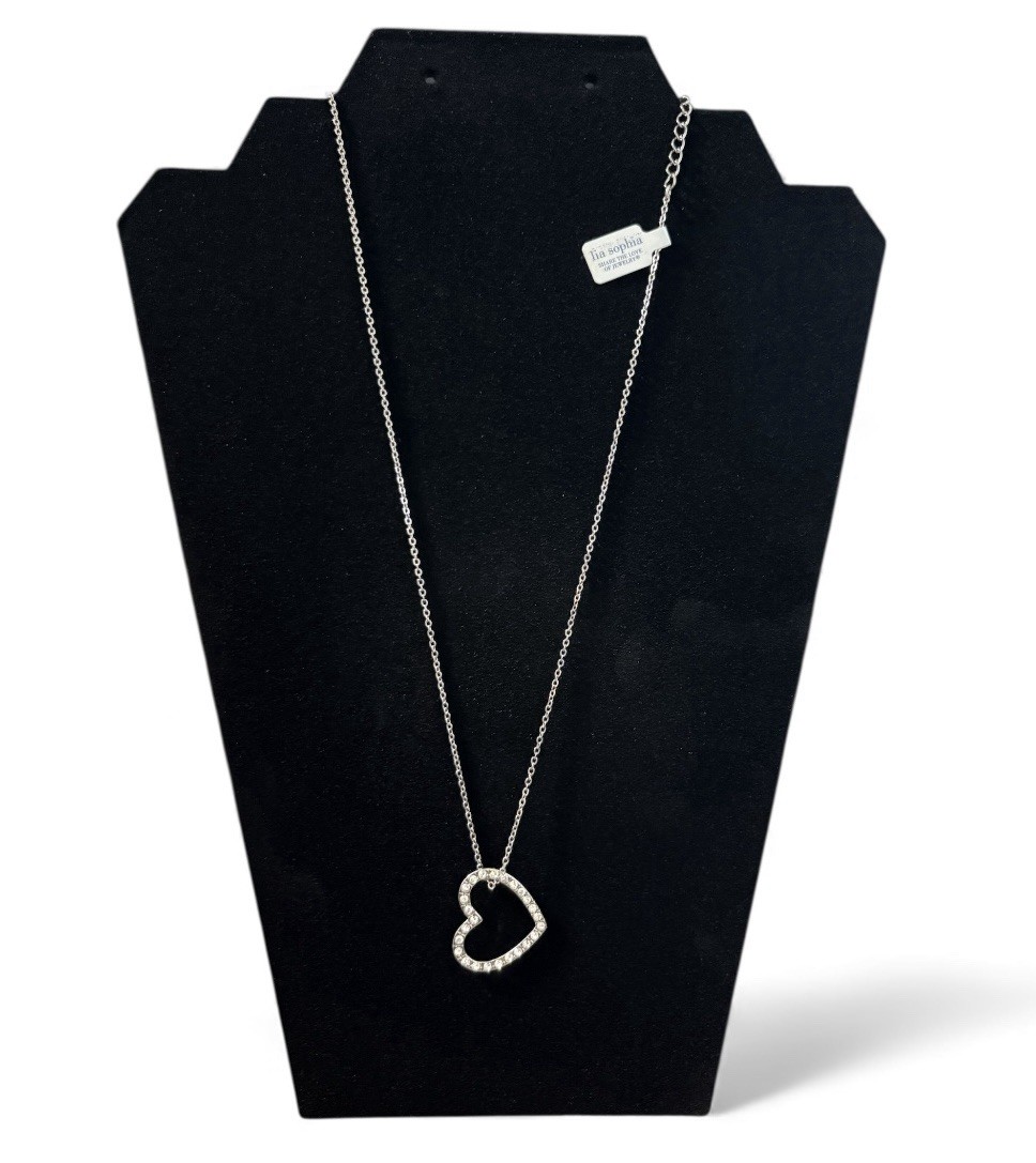 Lia Sophia Love Token Necklace 17-20″ Heart Pendant Silver Tone w/Crystals & Box