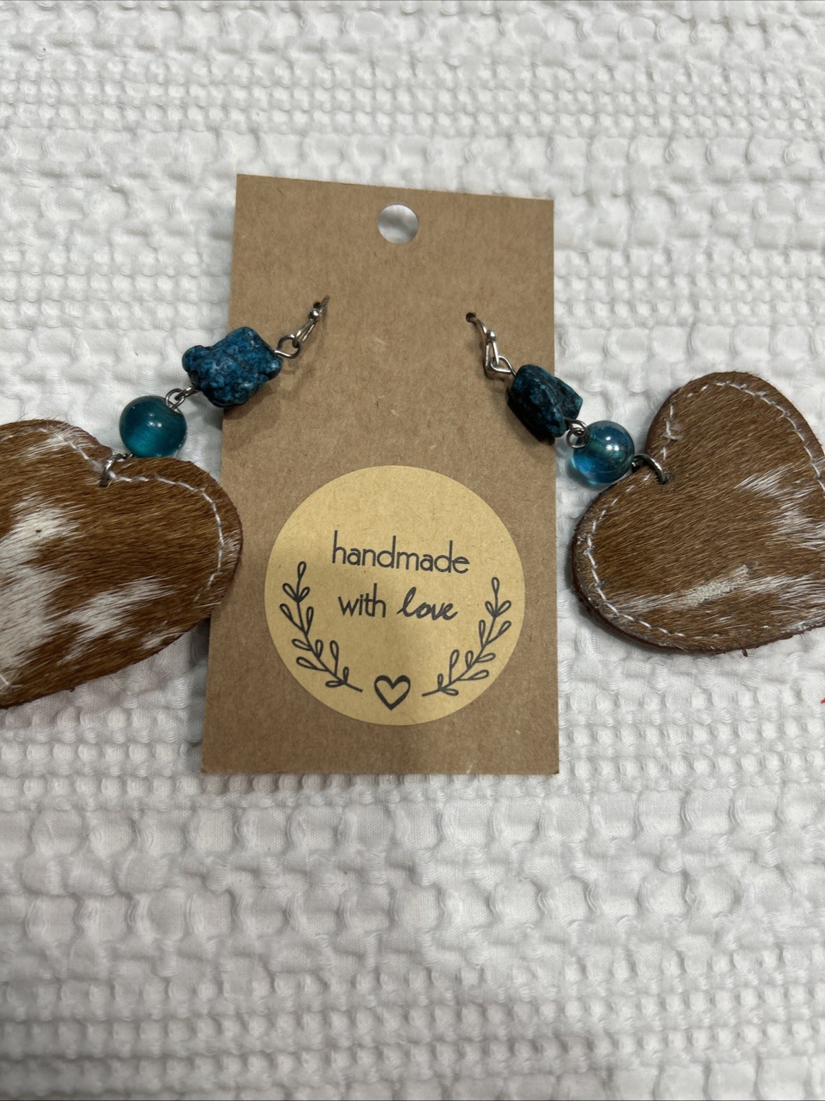 Faux Cowhide & Turquoise Dangle Earrings Handmade 2.5” Heart Nickle Free New