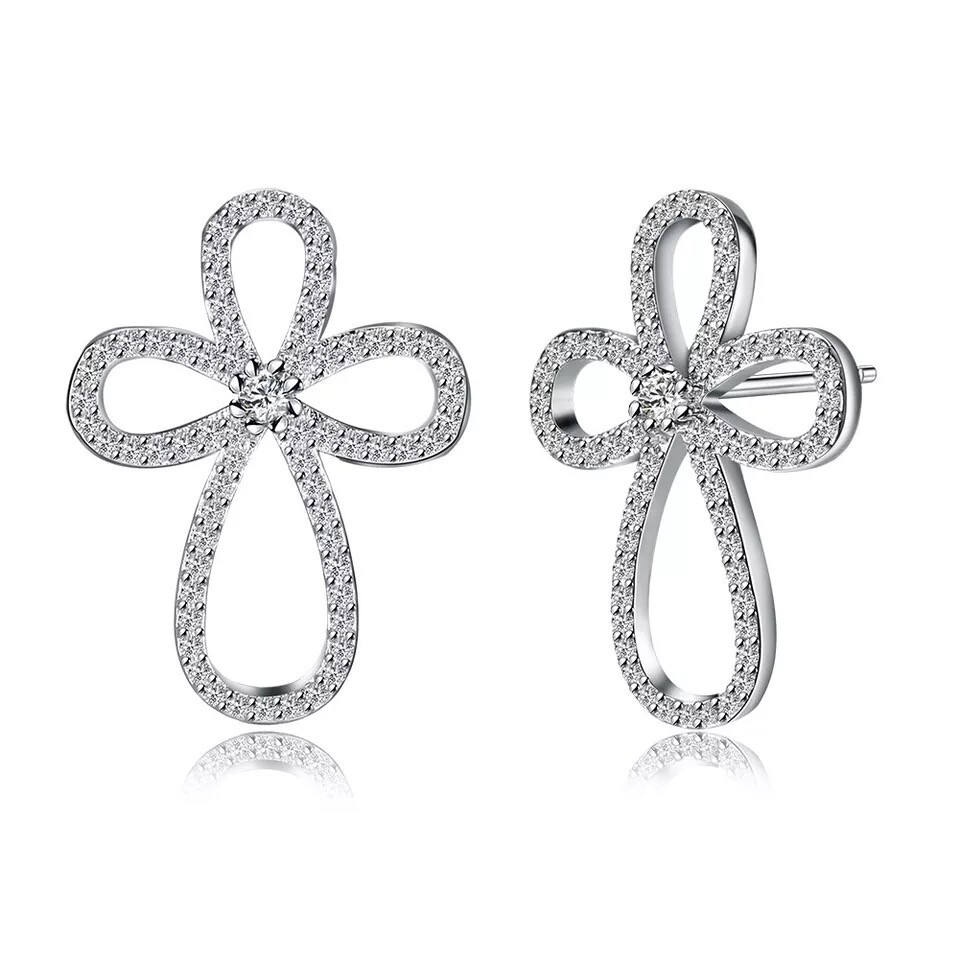 ZARD Twisted Cross Stud Earrings with Cubic Zirconia Accent and Platinum Plate