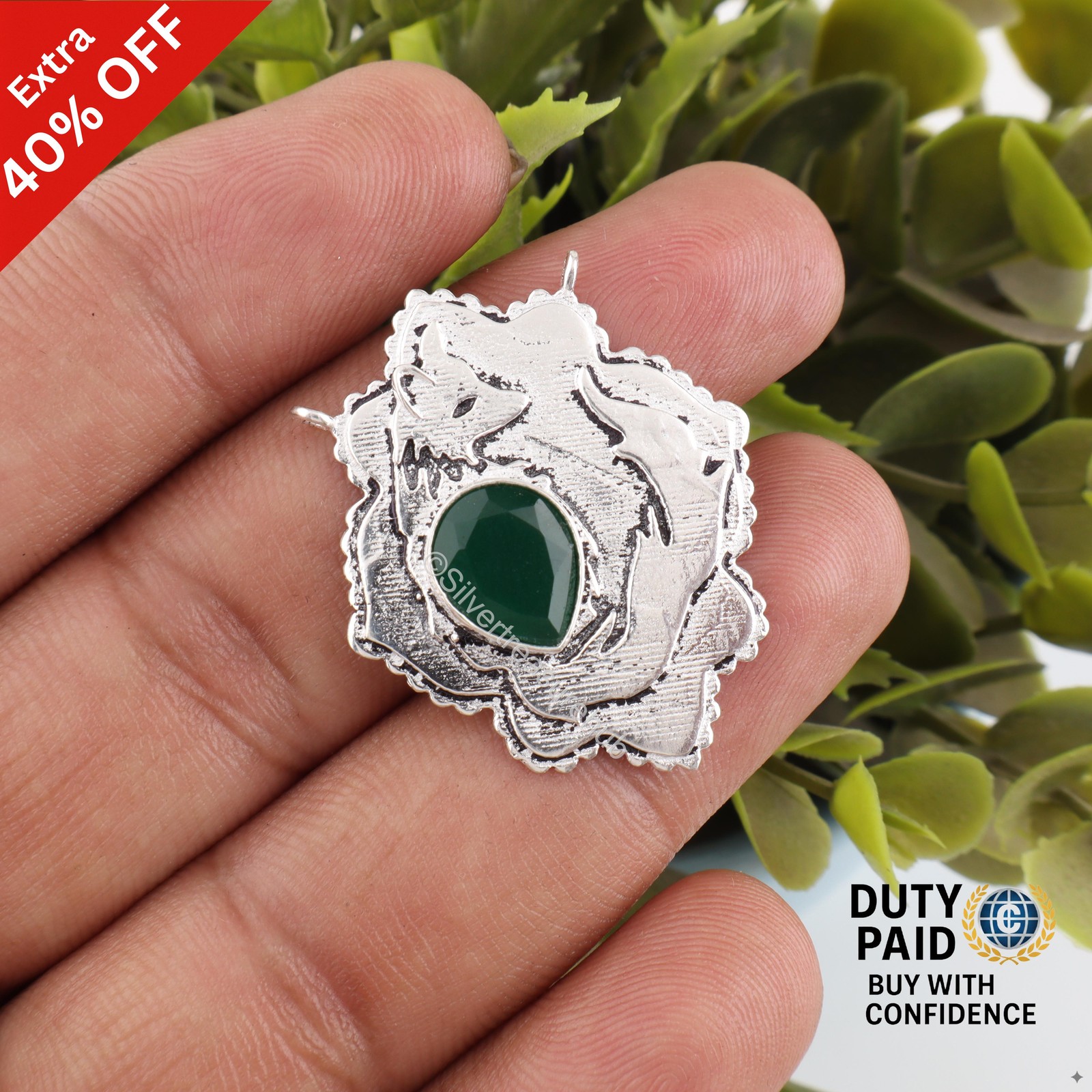 925 Sterling Silver Pear Green Onyx Stone Sister Engagement Anniversary Pendant