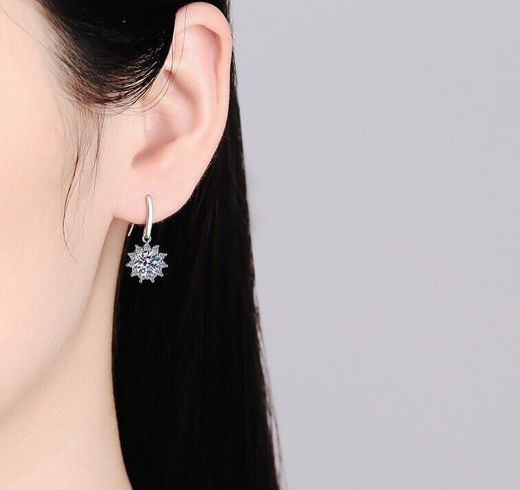 1.5Ct Moissanite Sunflower Dangle/Drop Hoop Earrings14k White Gold Plated Silver