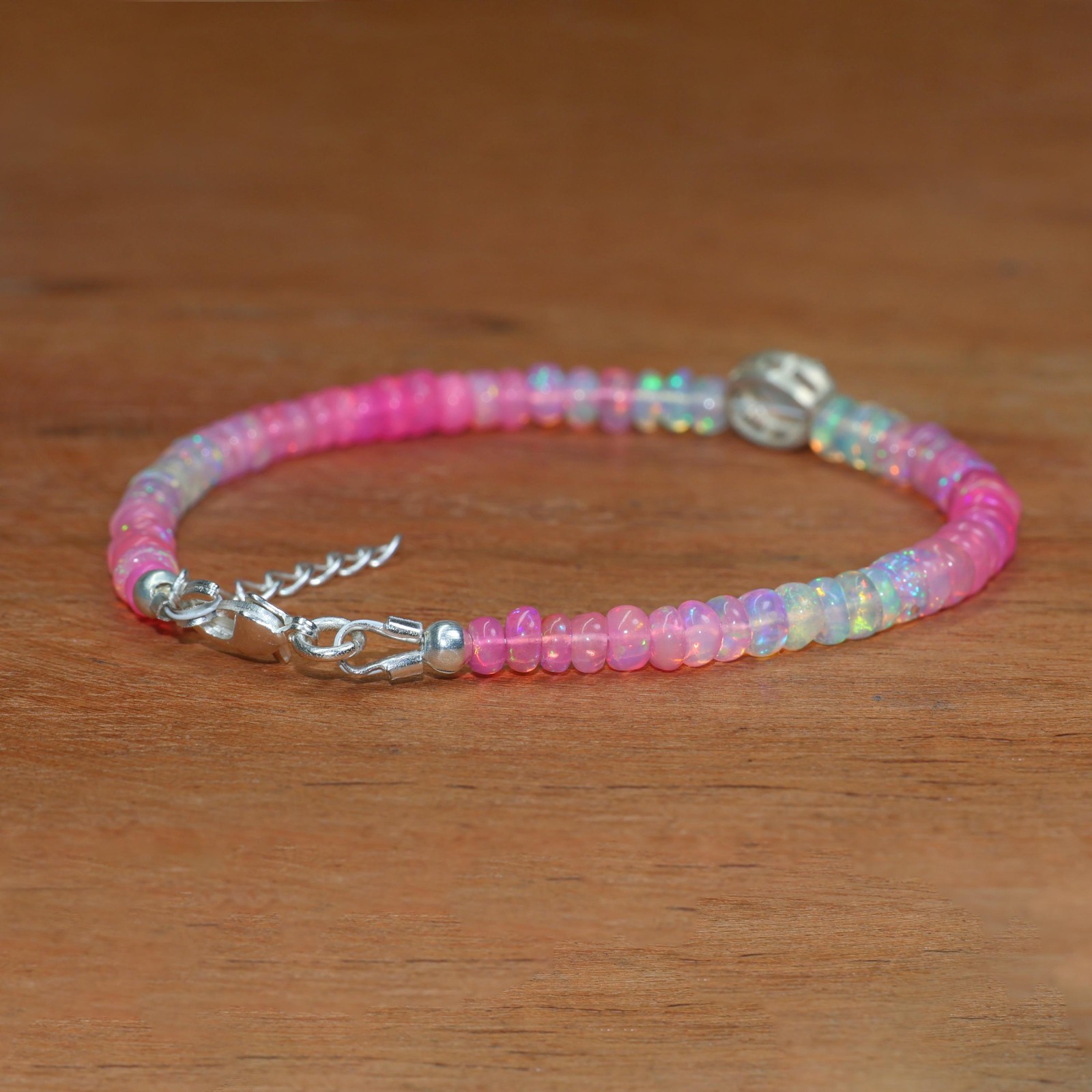 Pink Opal Gemstone Shaded Beaded Bracelet, Ethiopian Fire Opal Oval Bracelet