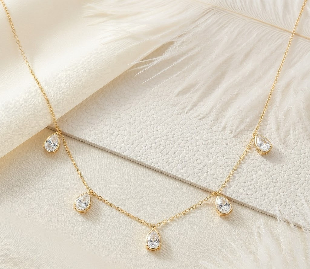 Gold Tone Pear Cut Moissanite Chain Necklace For Women In 925 Sterling Silver