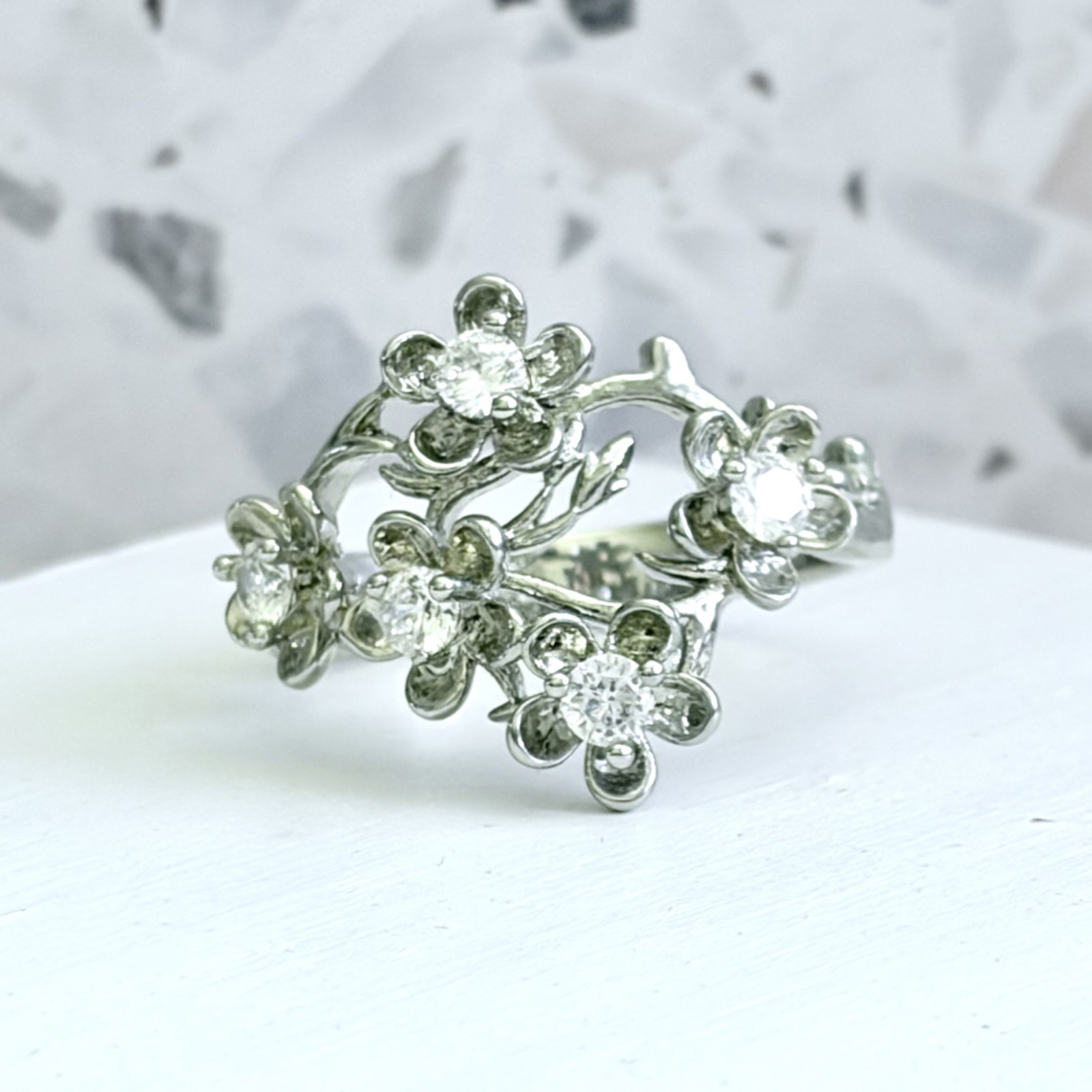 925 Silver White Simulated Sapphire Round Cut Floral Cluster Branch Women’s Ring