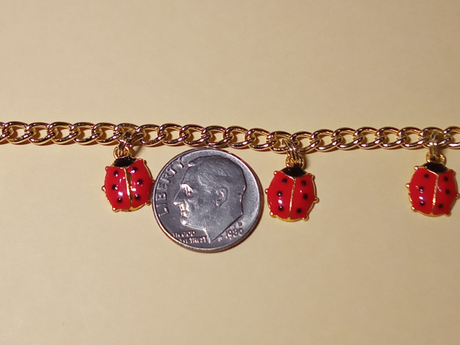 Ladybug Bracelet Gold tone chain 5 red black enamel charms ext chain Summer CUTE