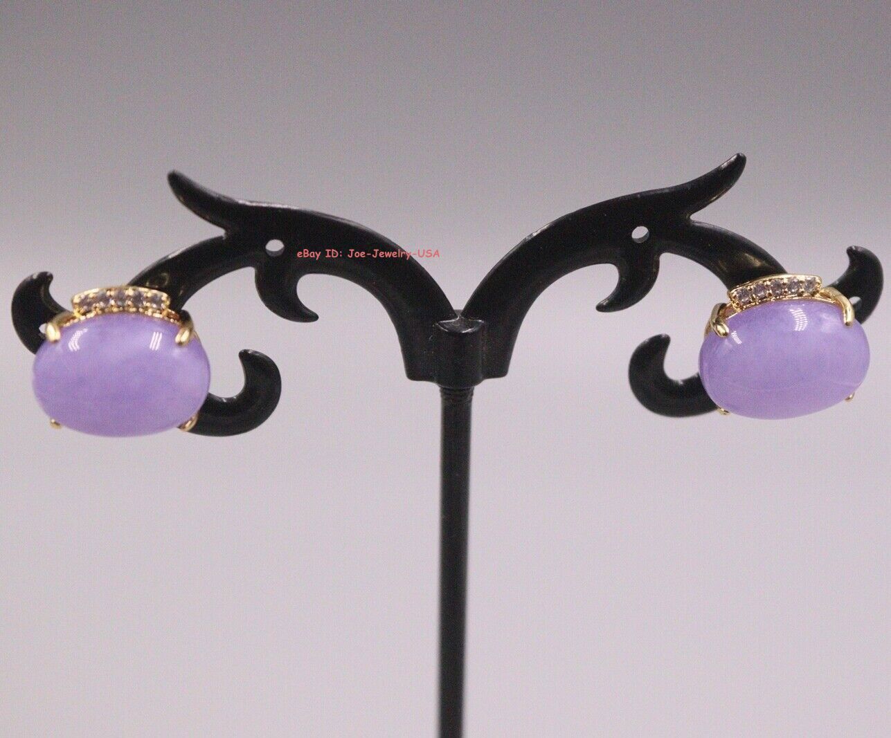 Gold Pated Alloy with Heated Oval Purple Jade Stud Earrings 10mm W