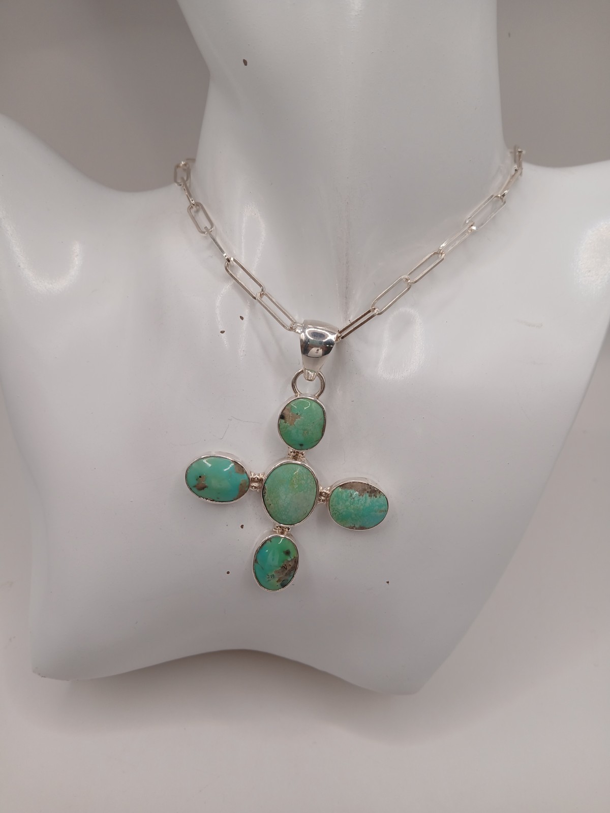 Sterling Silver 925 Paperclip Chain Natural Green Turquoise Cross Pendant 24in