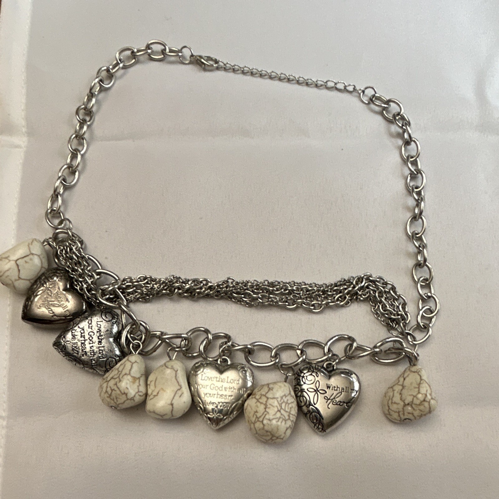 Silver Tone Round Link Chain Charm Necklace Heart Pendant White Stone, Lobster