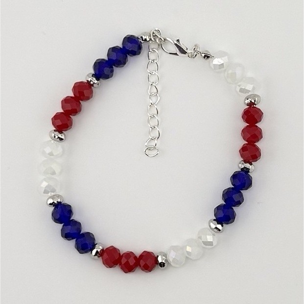 Red White & Blue Glass Beaded Bracelet 8in Adjustable Lobster 4th of July gift