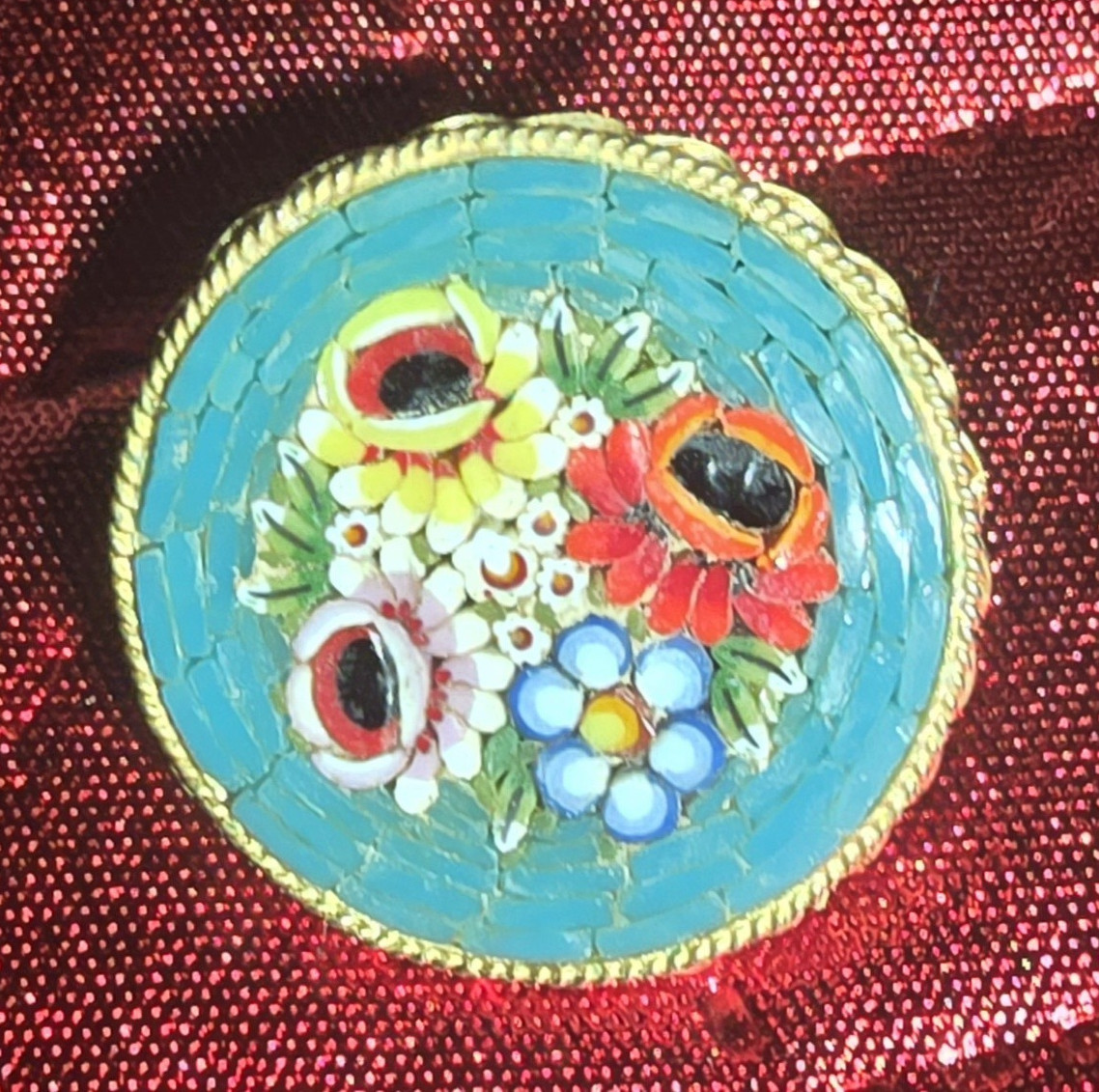 Round Italian Glass Mosaic Floral Brooch Pin Signed Blue Multicolor Gold