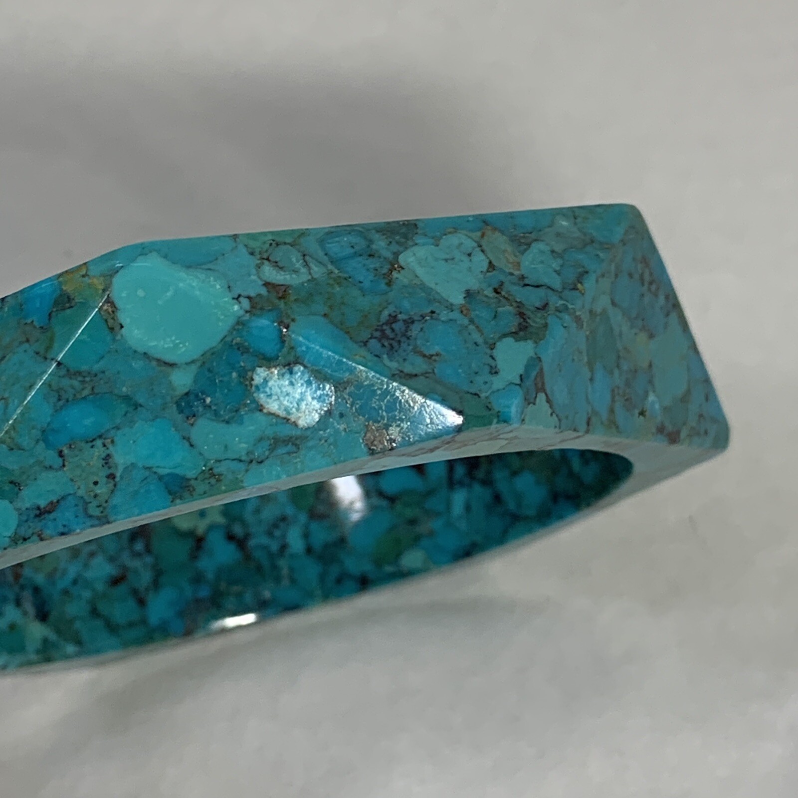 Carved Composite Stone Turquoise Bangle Bracelet Faceted Green Blue 8″