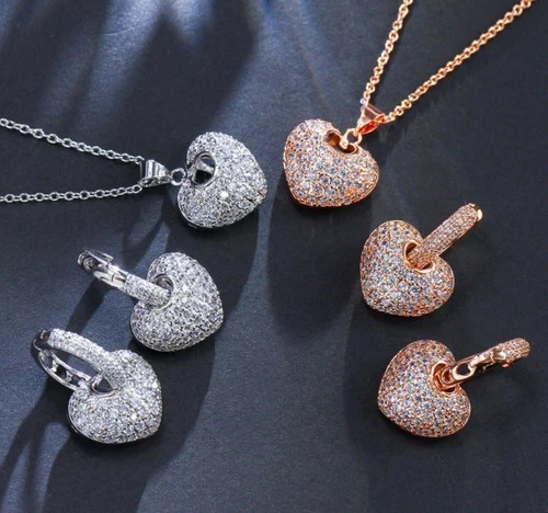 18k Rose Gold Plated 3D Heart Pendant Necklace Earrings made Simulated Diamond