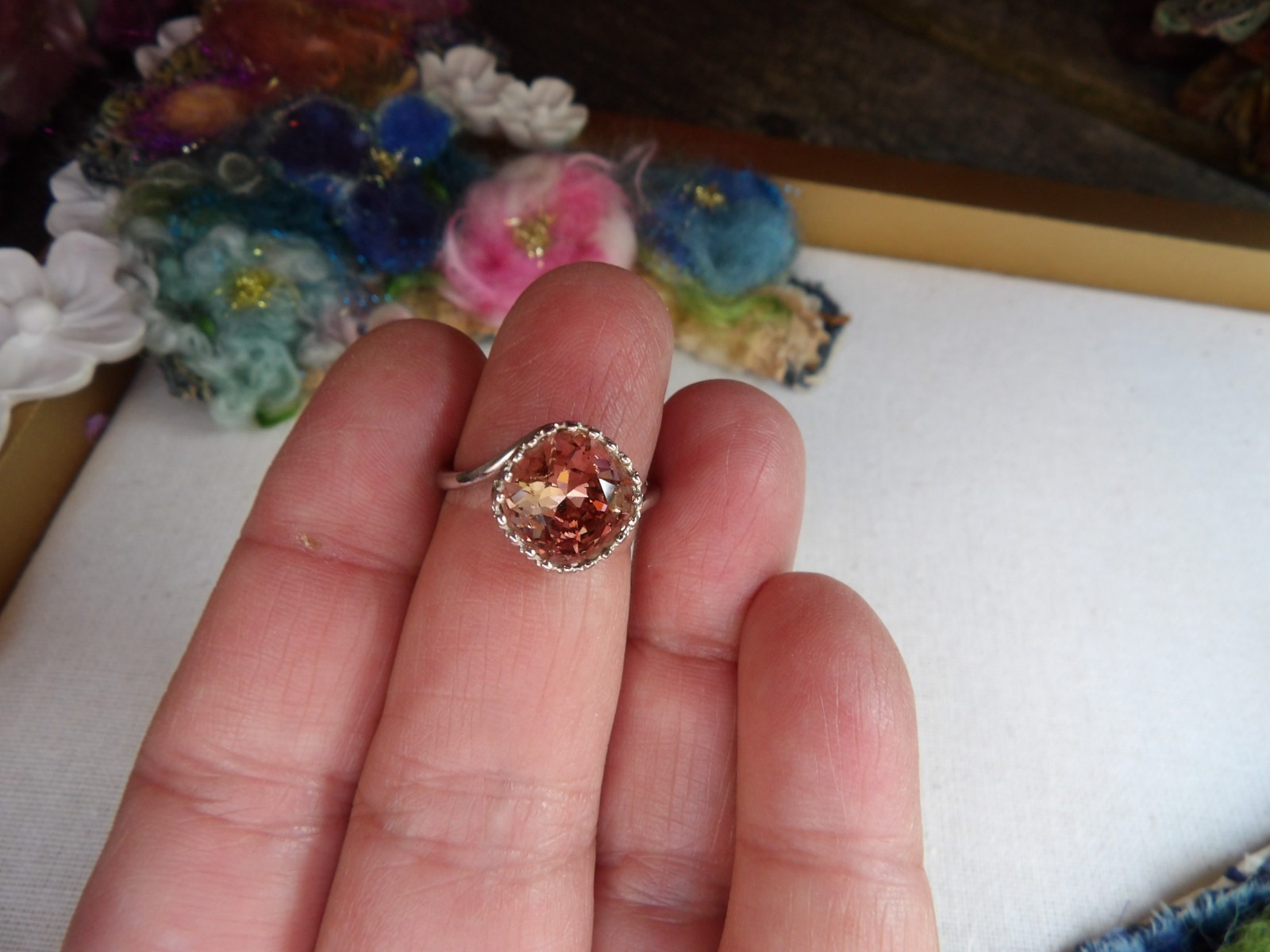 sterling silver ring, salmon pink crystal, new, stamped