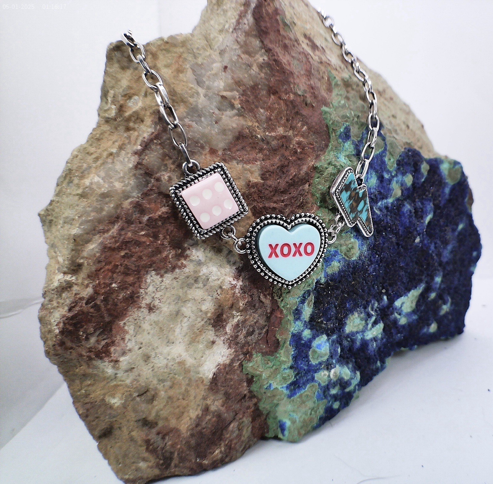 Western XOXO Candy Heart Necklace Turquoise Lightning Bolt Cowgirl Charm