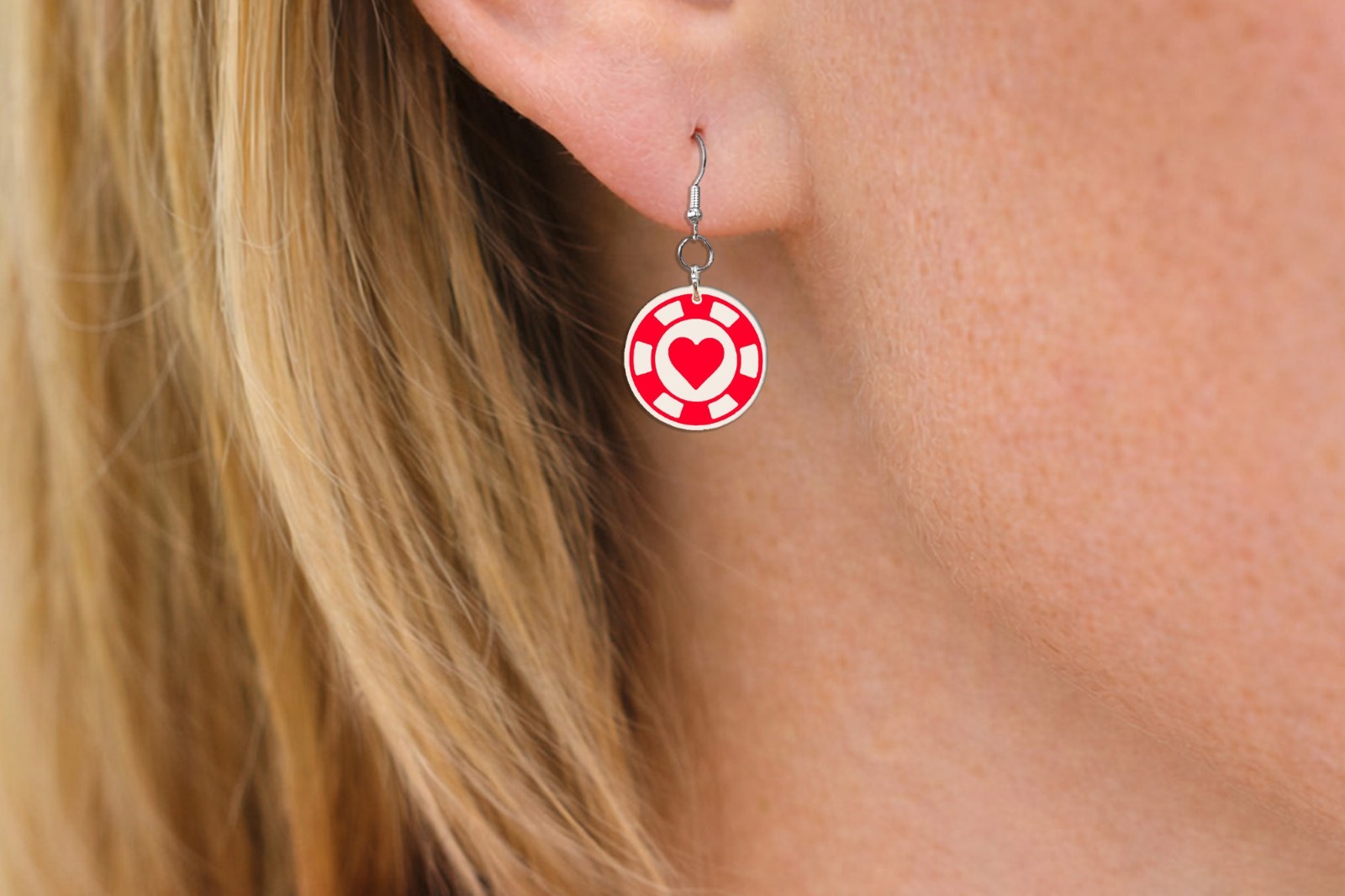 Poker Chip Earrings Hearts Casino Gambling Vegas Blackjack Roulette Card Game