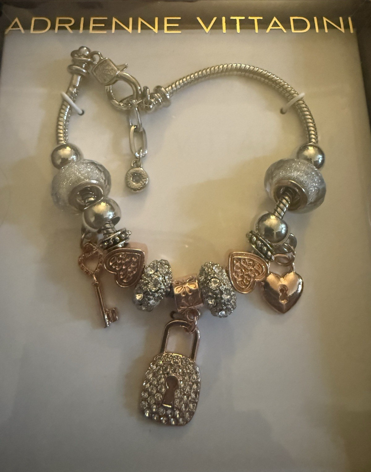 Adrienne Vittadini Silver Tone Snake Chain Charm Bracelet Rose Gold Heart