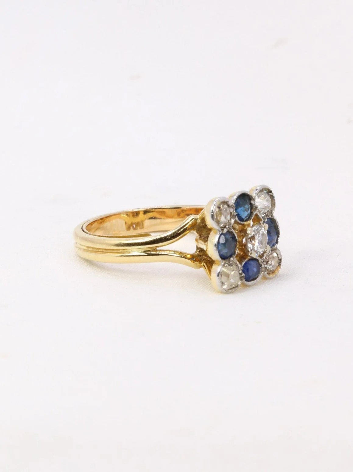 Square ring with old-cut sapphires and diamonds