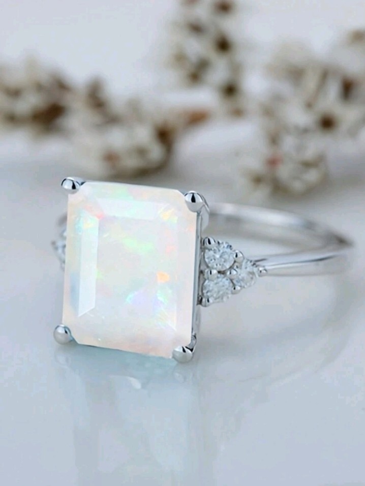 Silver-Plated Zinc Ring Square Cut Opal Stone Size 7