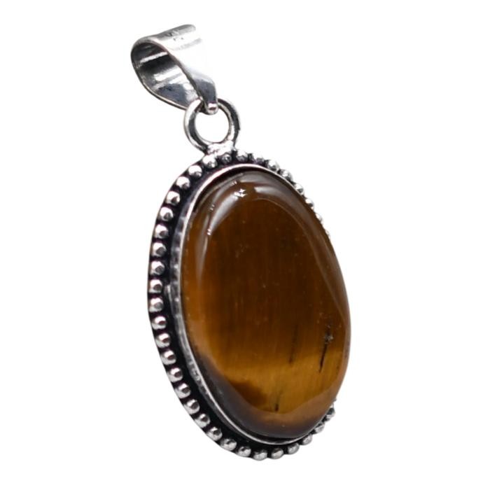 Tiger Eye Natural Gemstone Antique Silver Plated Pendant 2″ J 1087