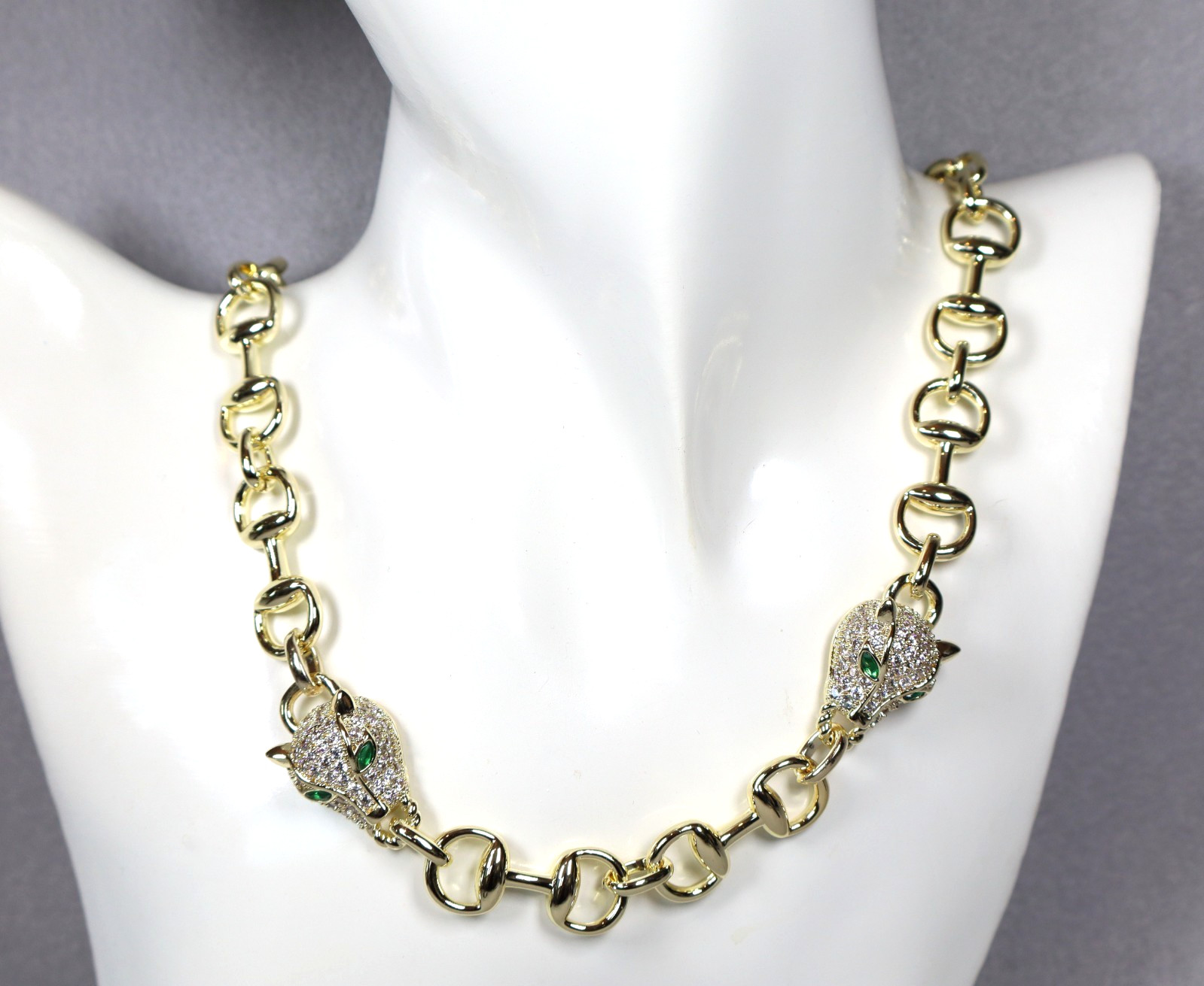 Statement Gold Panther Necklace Large Bling Cubic Zirconia Green White Gemstones