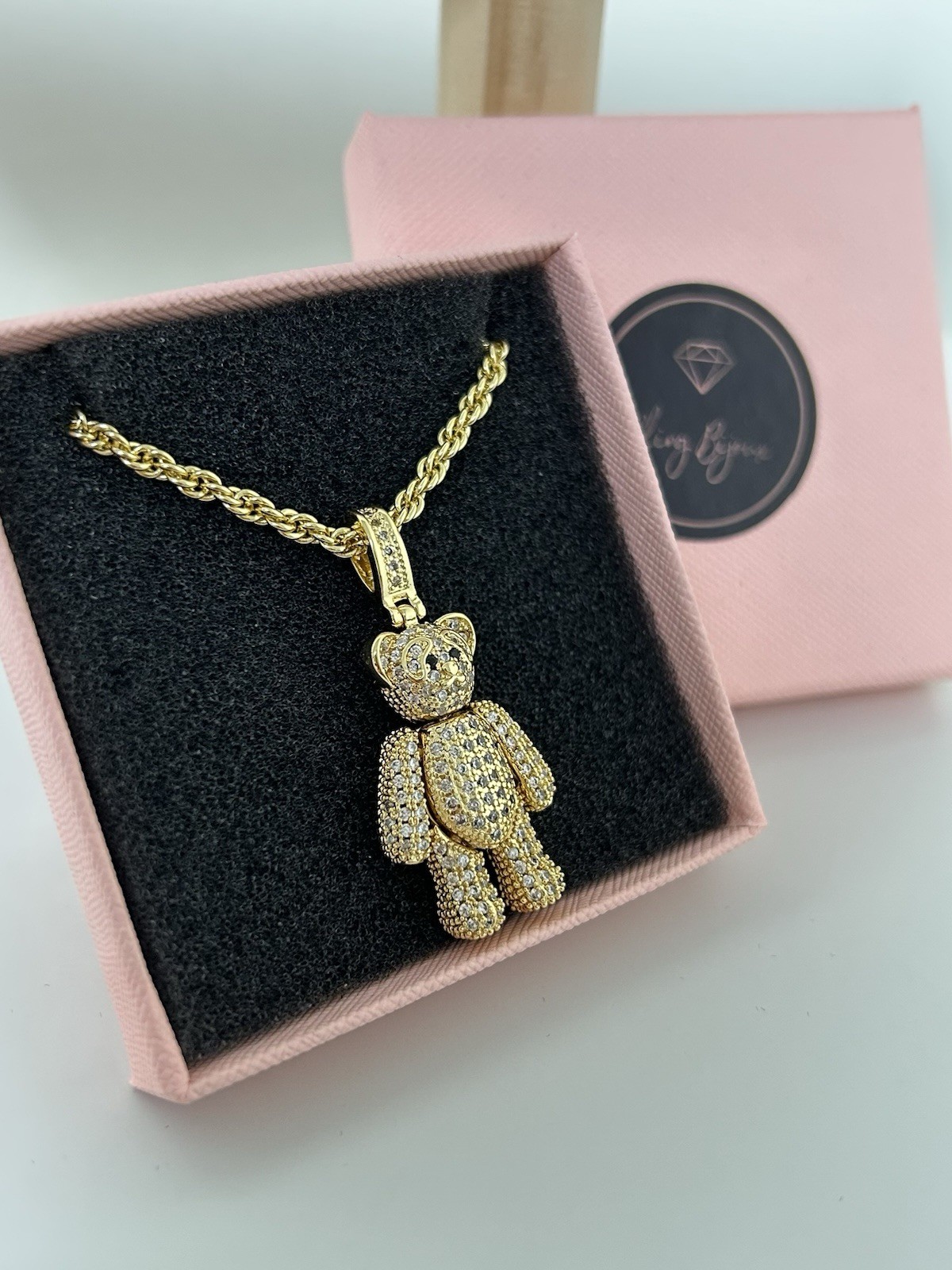 18ct G.F & CZ Stone Teddy Bear Pendant Necklace 55cm (22’) Rope Chain 18K Filled