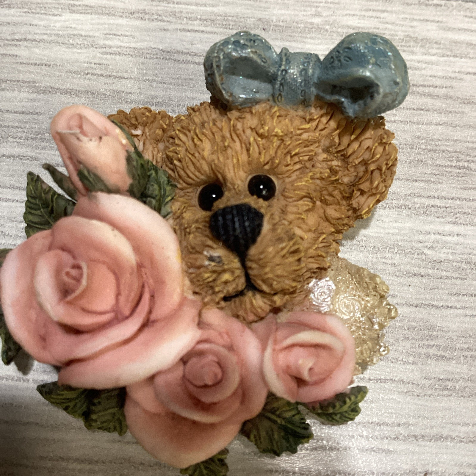 BOYD’S BEARS Silvertone Pin Textured Teddy Bear Face w/ Roses Vintage