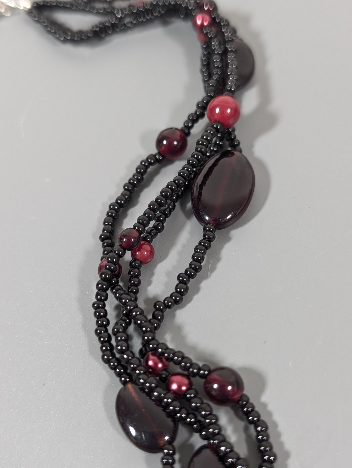 Deep Red and Black Bead Multi Strand Necklace Layered Gothic 18″