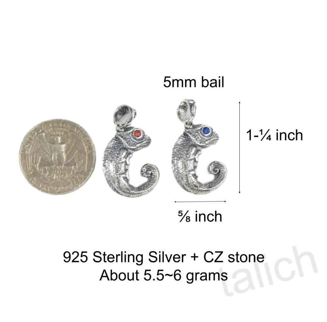 925 Sterling Silver Chameleon Lizard Pendant with Red or Blue CZ Eyes Unique